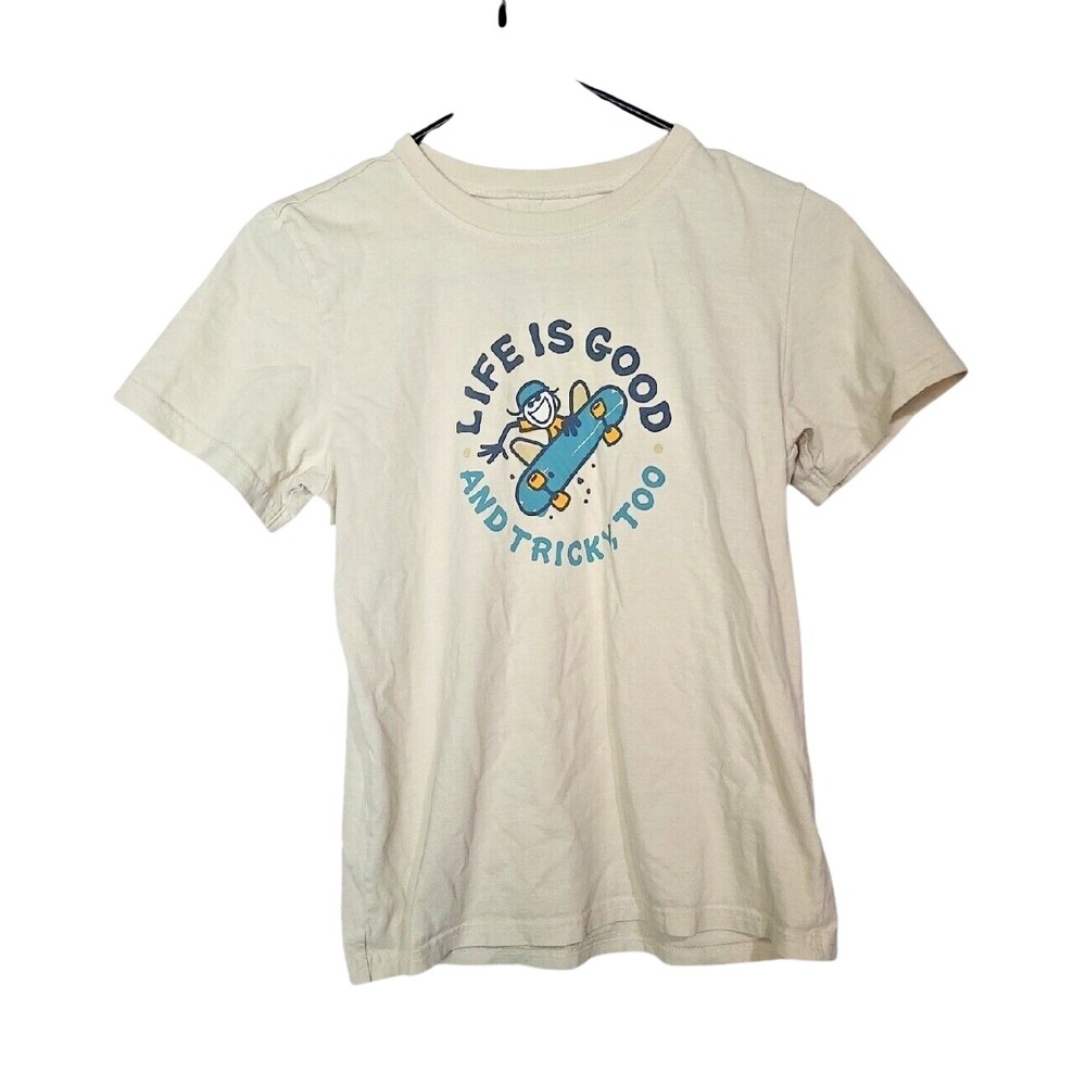 Life is Good Ivory Spell Out Logo Skateboard Graphic T-Shirt Boys Size Large